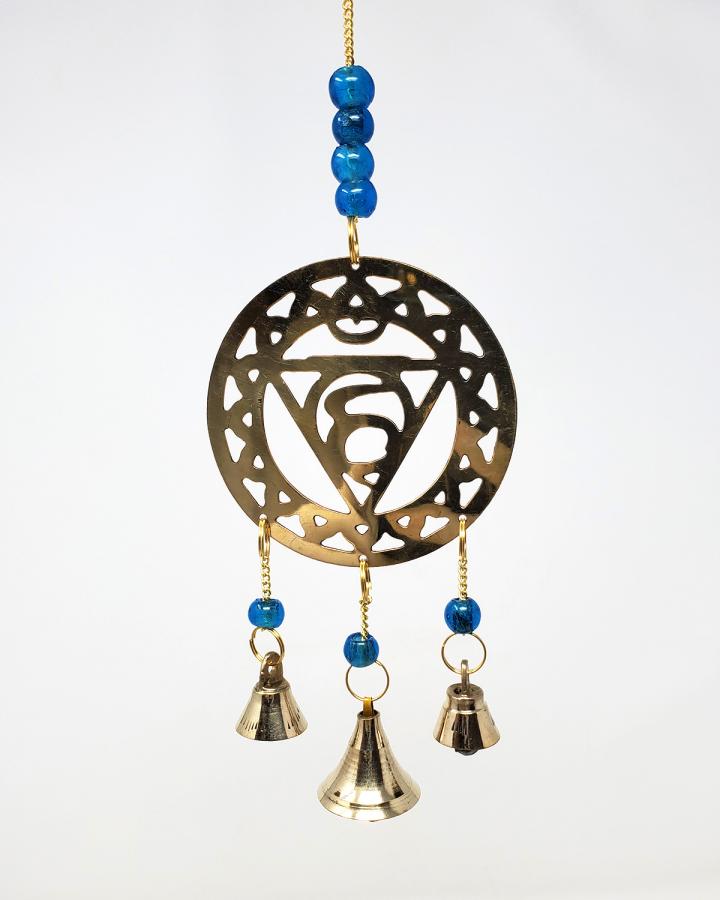 Brass windchime Throat Chakra with sea blue beads 11" - Click Image to Close