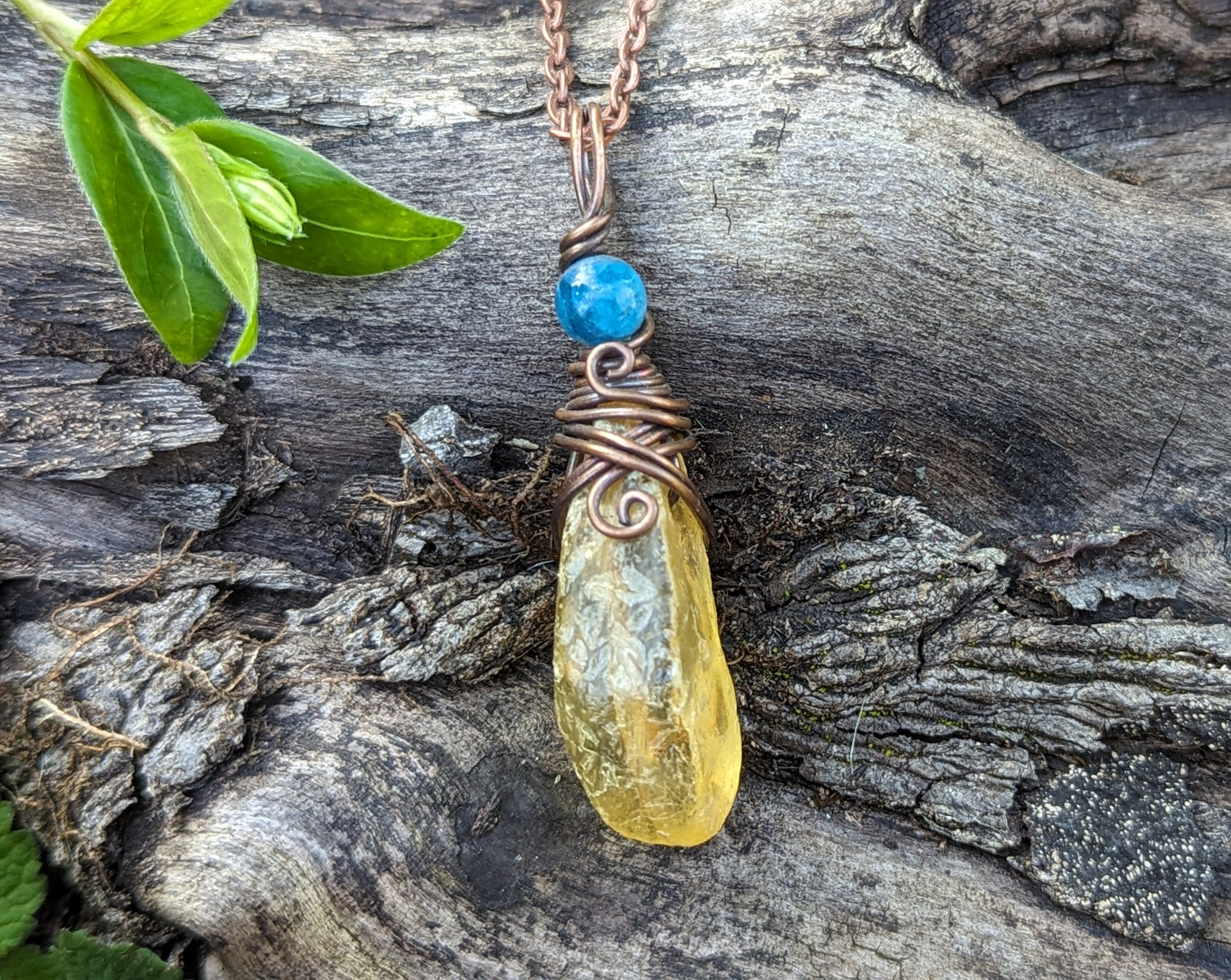 Raw Amber & Blue Apatite wire wrapped pendant - Click Image to Close