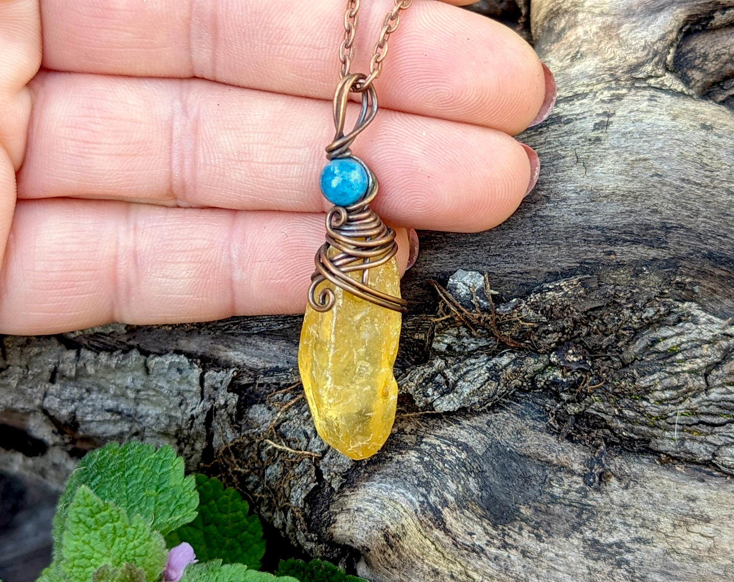 Raw Amber & Blue Apatite wire wrapped pendant