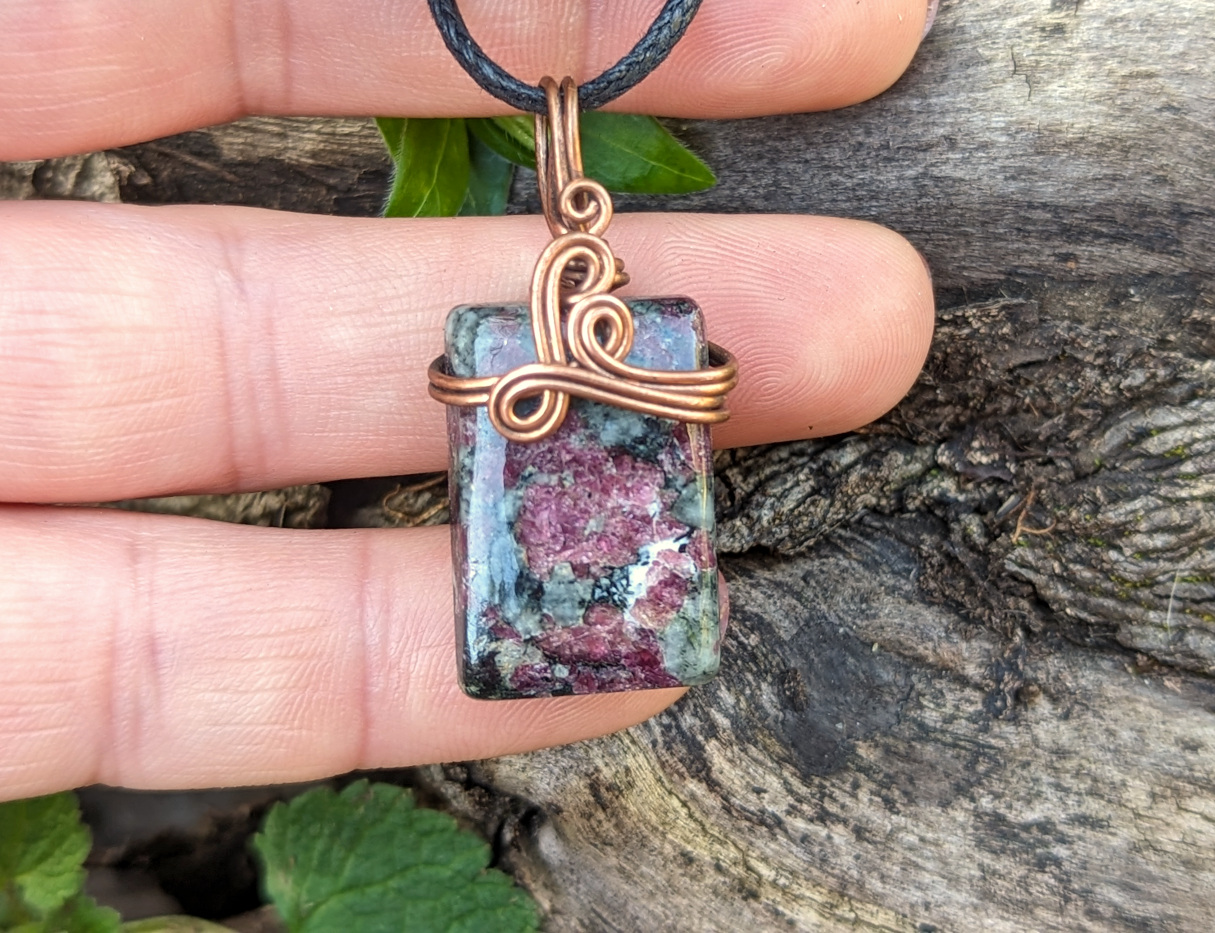 Eudialyte wire wrapped square gemstone pendant