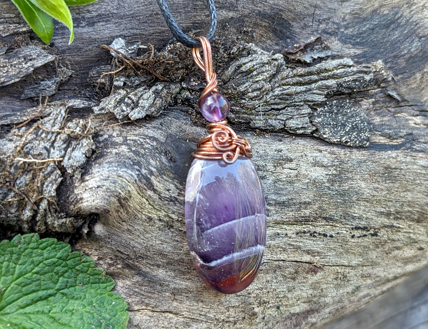 Red cap banded Amethyst wire wrapped pendant