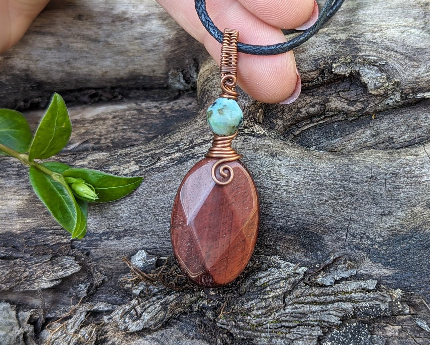 Red Tiger Eye & Turquoise wire wrapped pendant - Click Image to Close