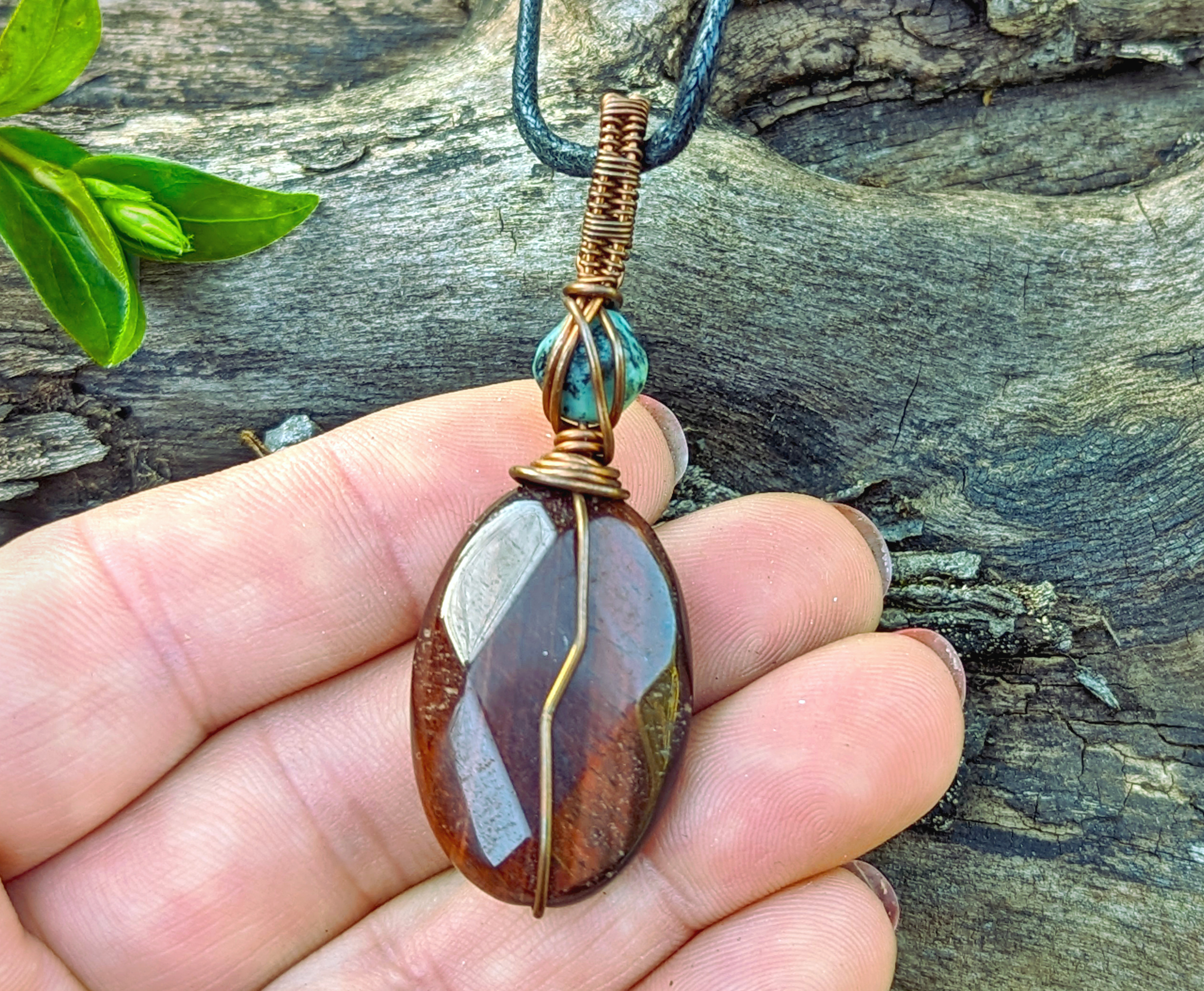 Red Tiger Eye & Turquoise wire wrapped pendant - Click Image to Close