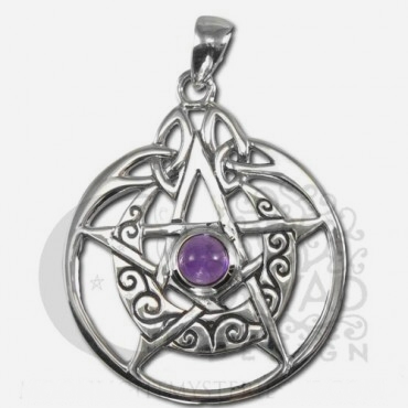 Sterling Silver Crescent Moon Pentacle Circle Pendant - Amethyst