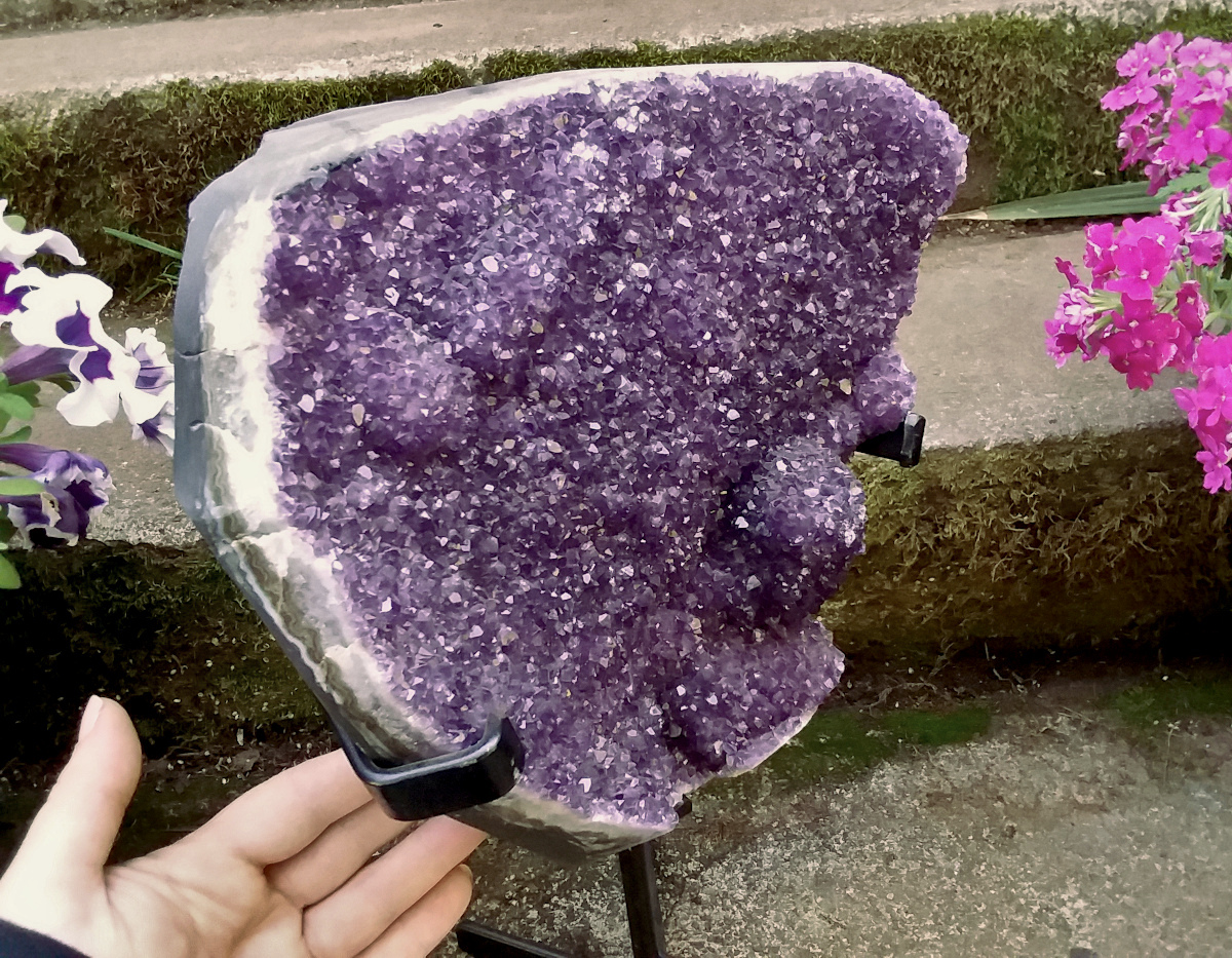 Large Amethyst cluster w/ polished edges on metal stand 12+ lbs