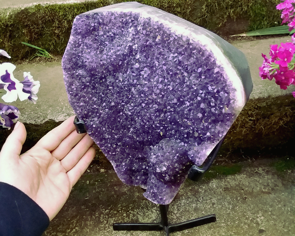 Large Amethyst cluster w/ polished edges on metal stand 12+ lbs