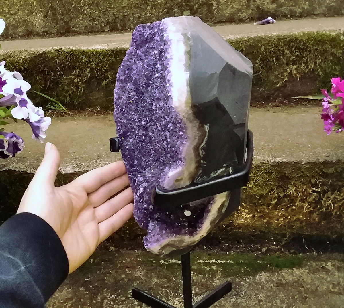 Large Amethyst cluster w/ polished edges on metal stand 12+ lbs - Click Image to Close