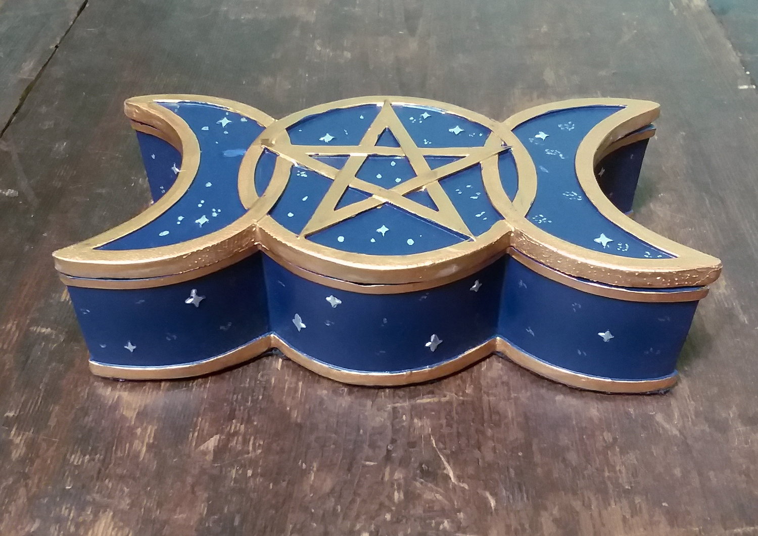 Triple Moon Goddess and Pentacle Box - Blue & Gold