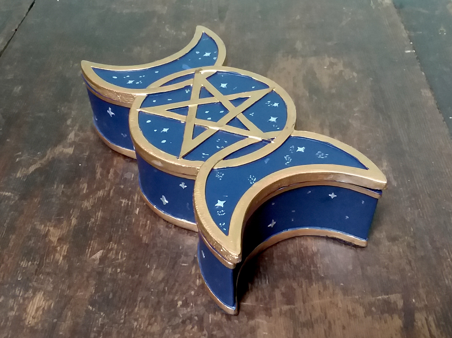 Triple Moon Goddess and Pentacle Box - Blue & Gold
