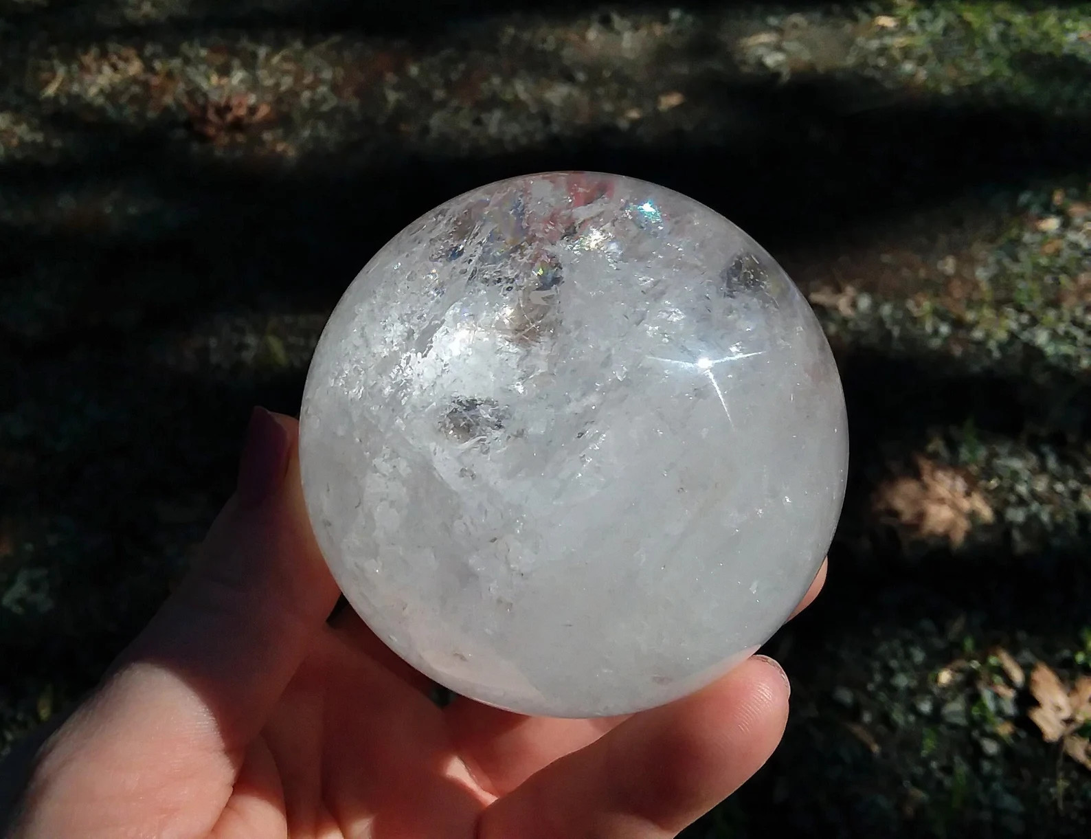 Clear Crystal Quartz sphere with rainbows 2.82" 1lb+
