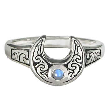 Horned Moon Ring with Rainbow Moonstone sz 5