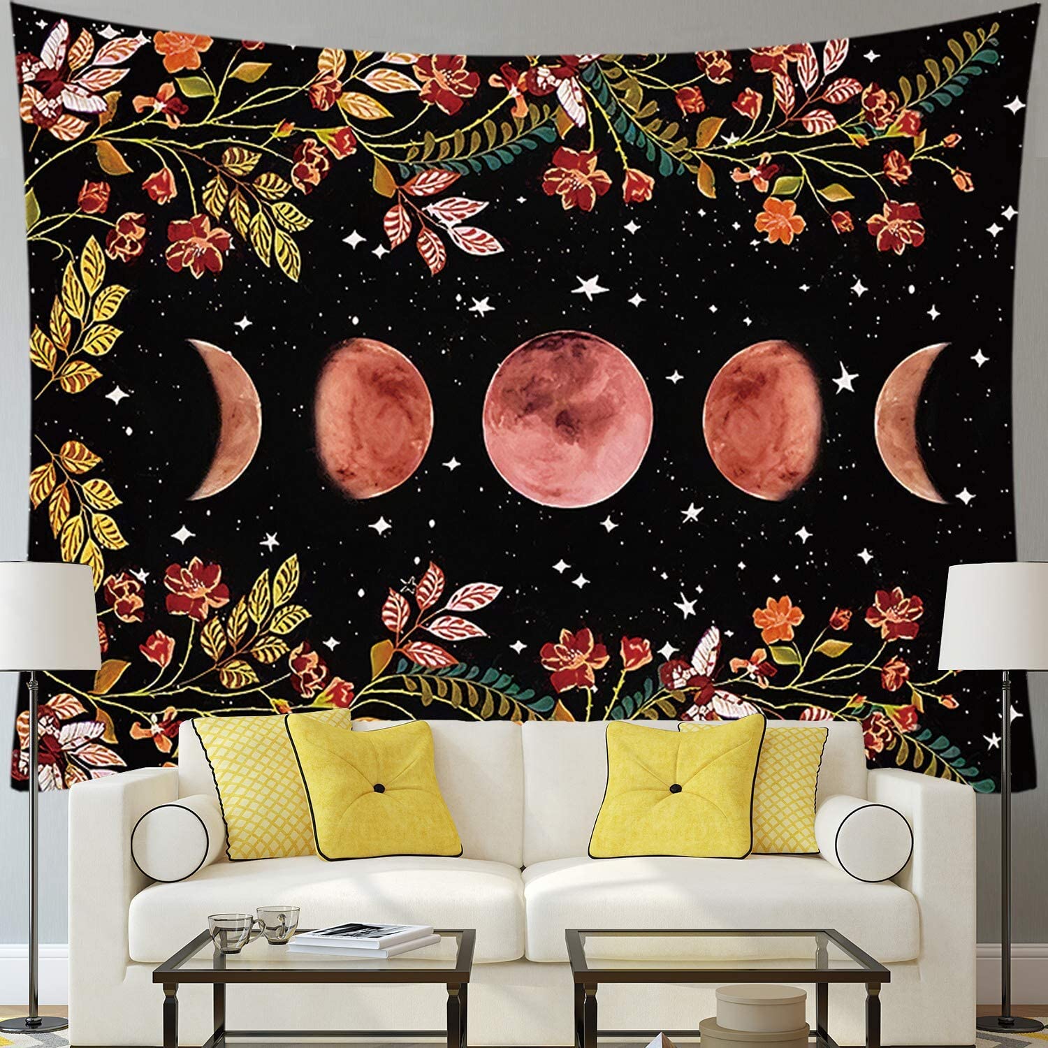 Moon Phase Sky Flower Vine Tapestry for Wall Art Decor 60x80