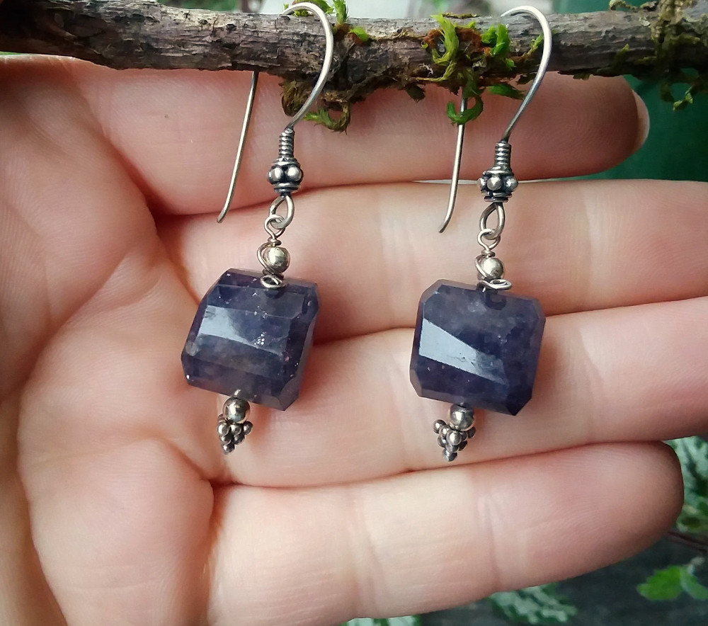 Big blue Iolite chunky faceted nugget crystal Sterling earrings