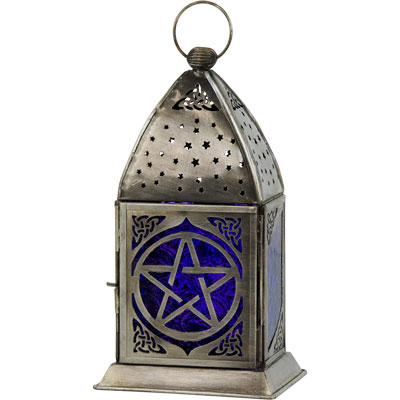 Glass & Metal Lantern Pentacle Cobalt & Purple - Click Image to Close