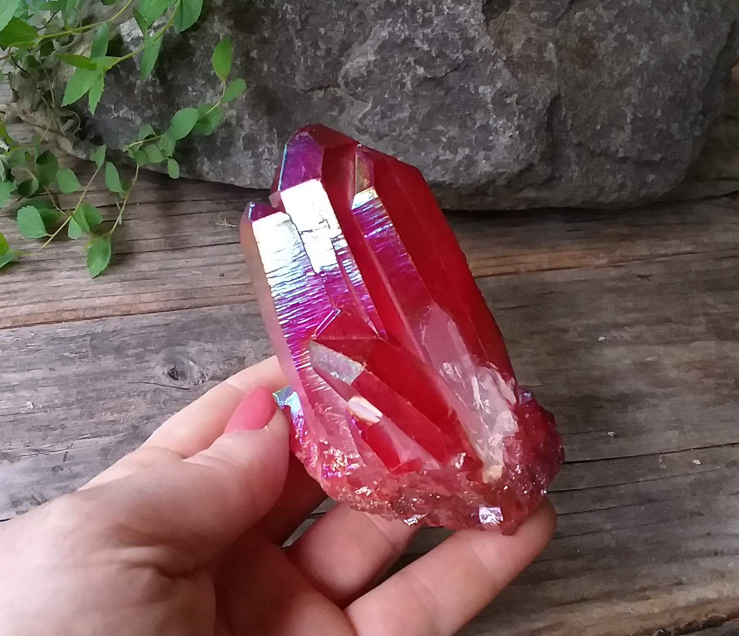 Hot pink rainbow aura crystal quartz cluster