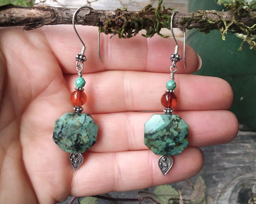 African Turquoise & Baltic Amber earrings in Sterling Silver