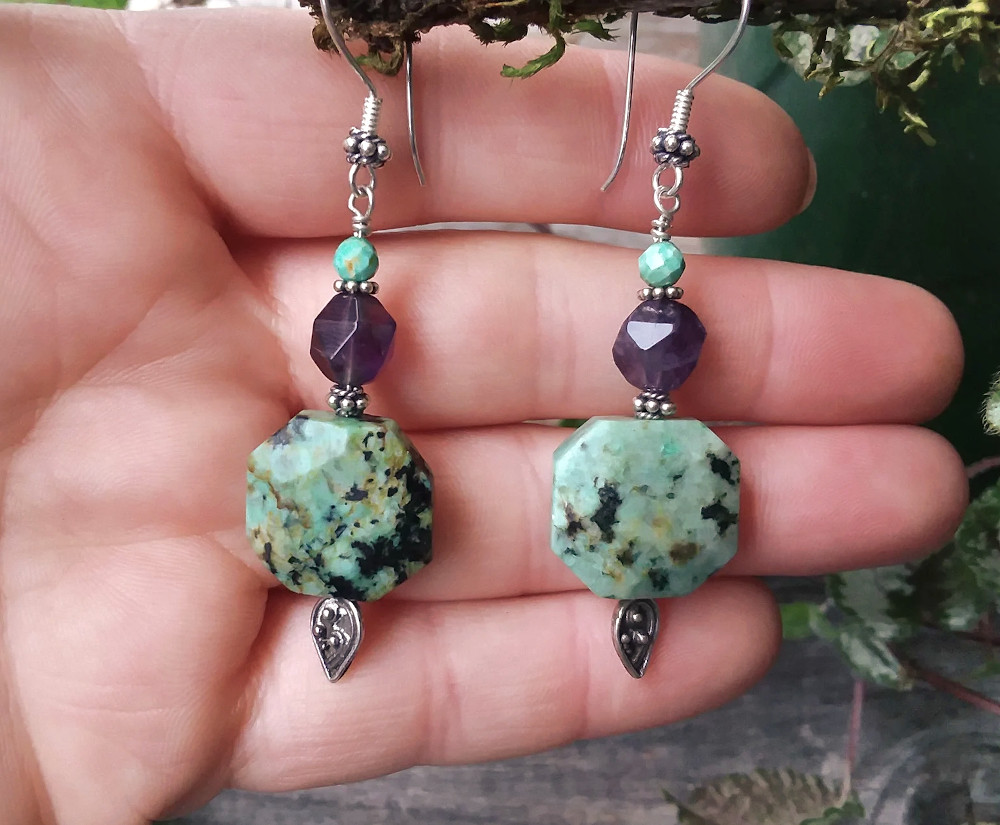 African Turquoise & Amethyst Crystal earrings in Sterling Silver