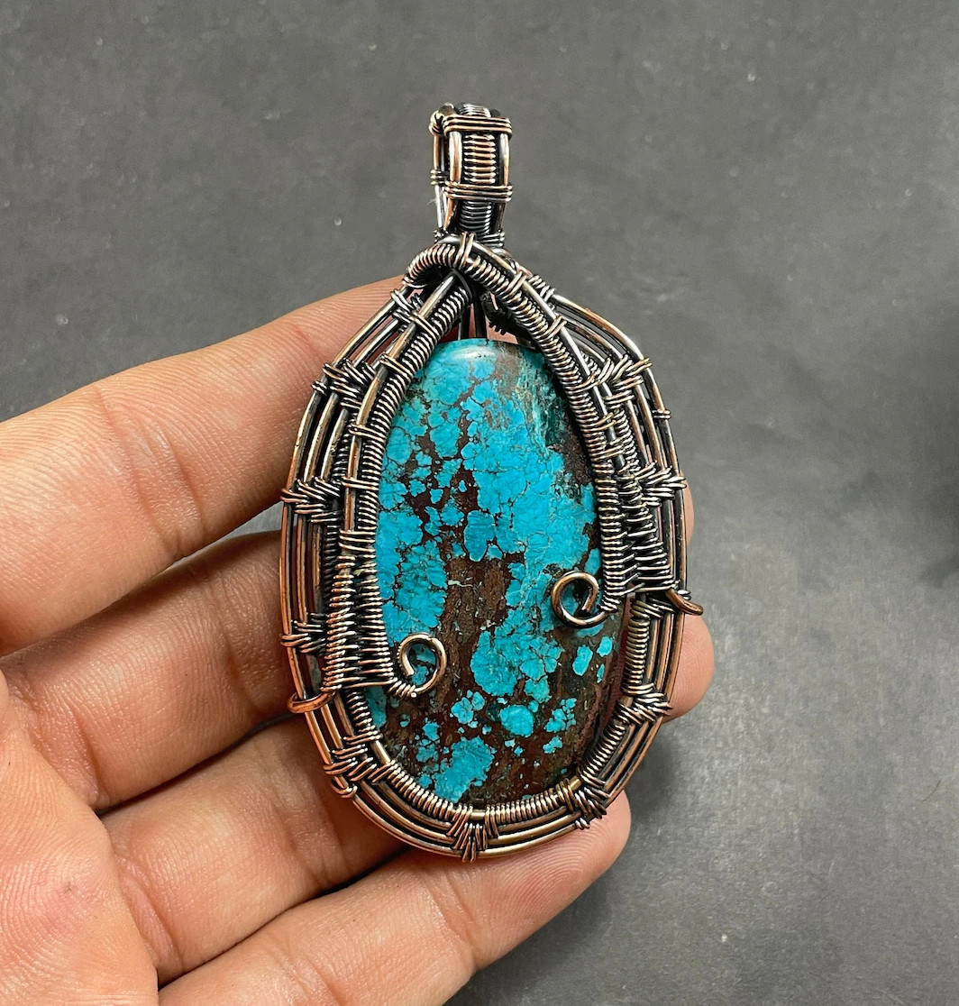 Large oval Turquoise wire wrapped pendant