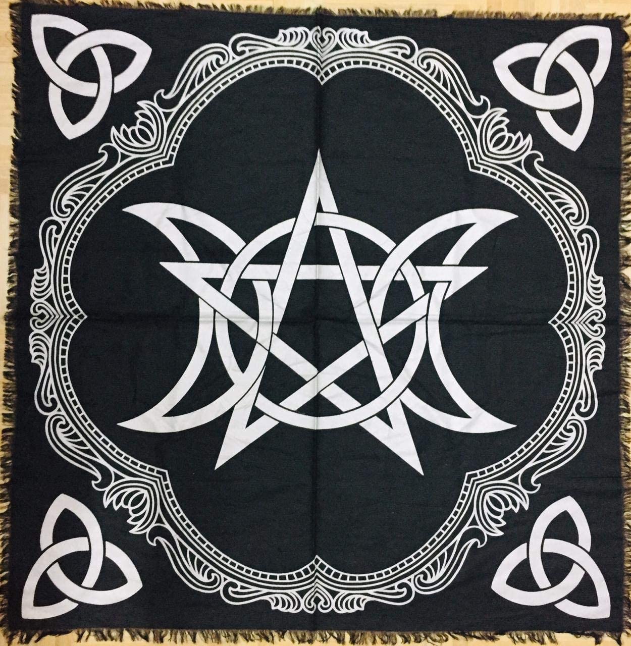 Triple Moon Pentagram & Triquetra Silver/Black Altar Cloth 36"