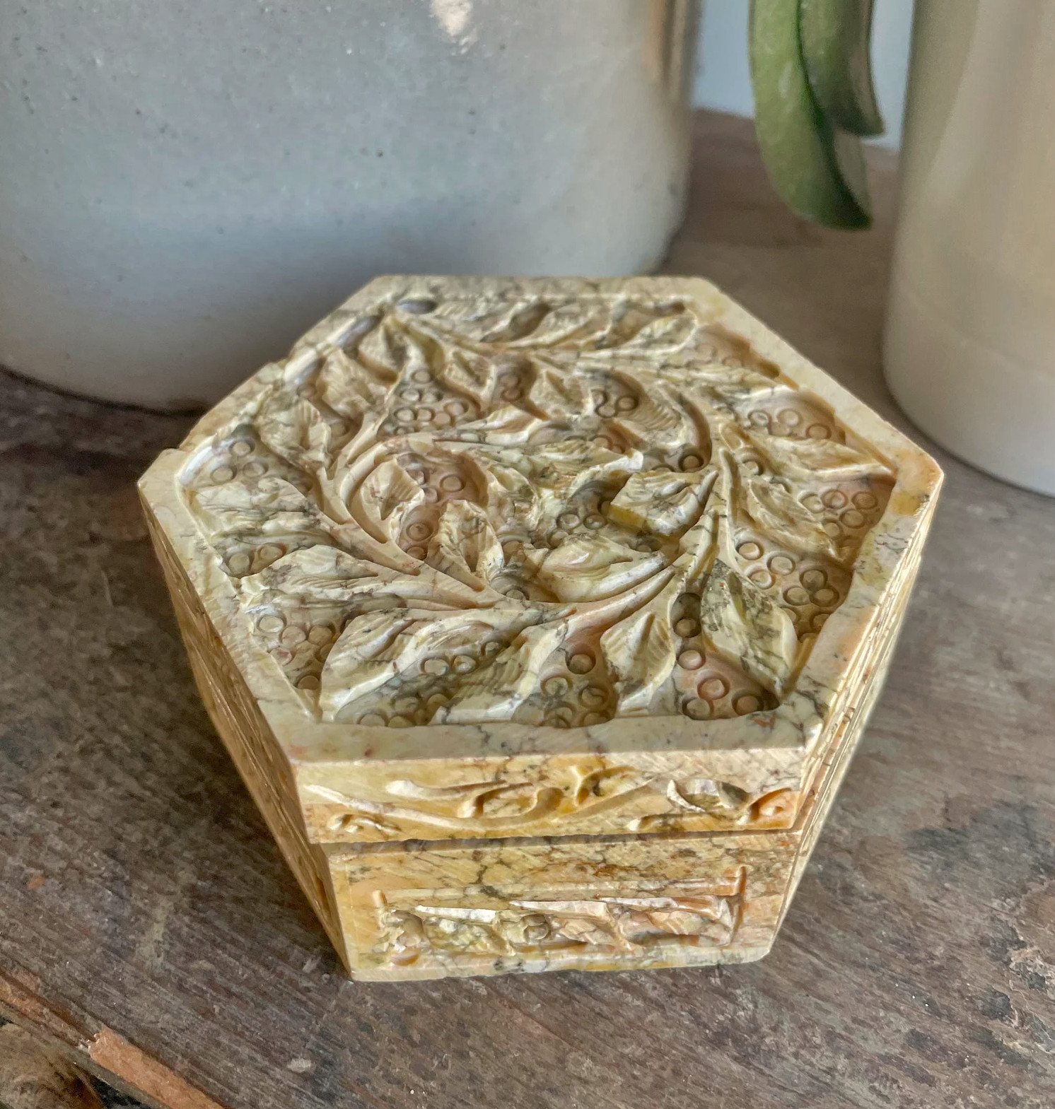 Floral carved soapstone box with hinged lid