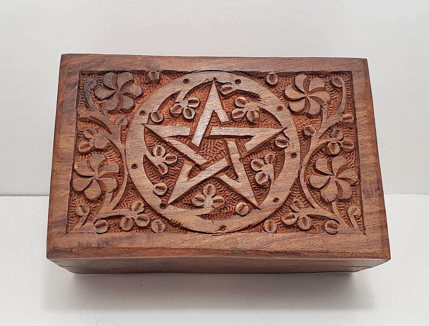 Pentacle floral carved wood box 4x6 Natural finish