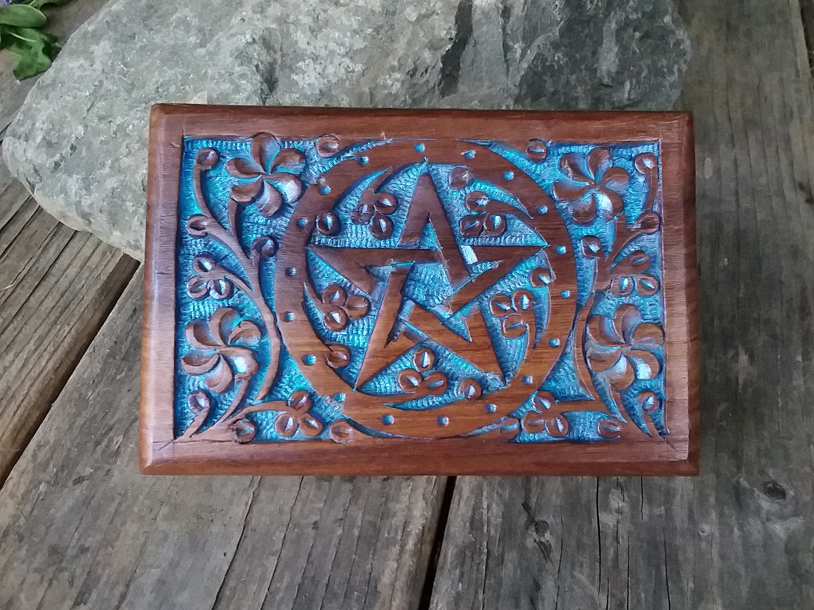 Pentacle floral carved wood box 4x6 Blue finish