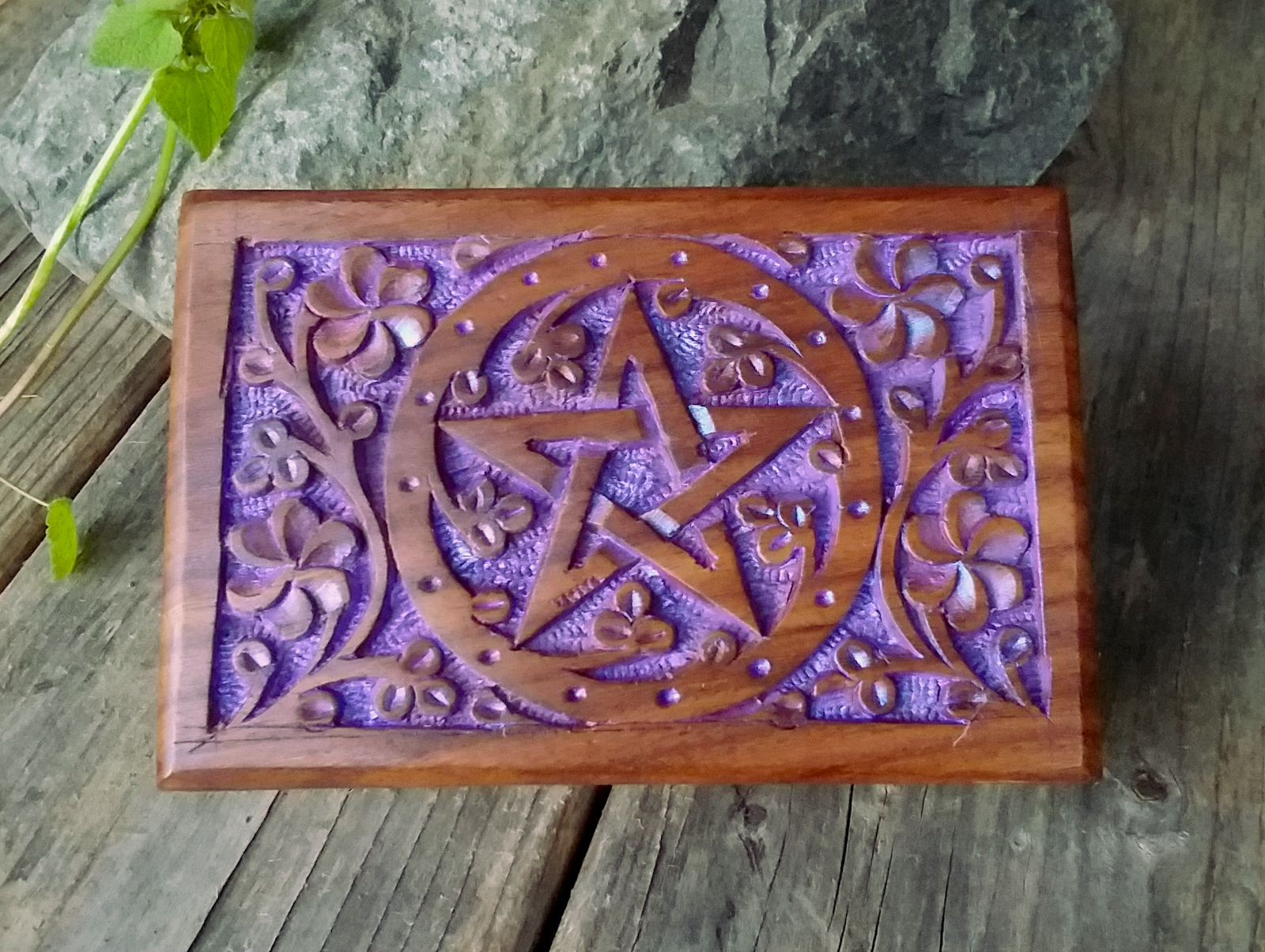 Pentacle floral carved wood box 4x6 Purple finish