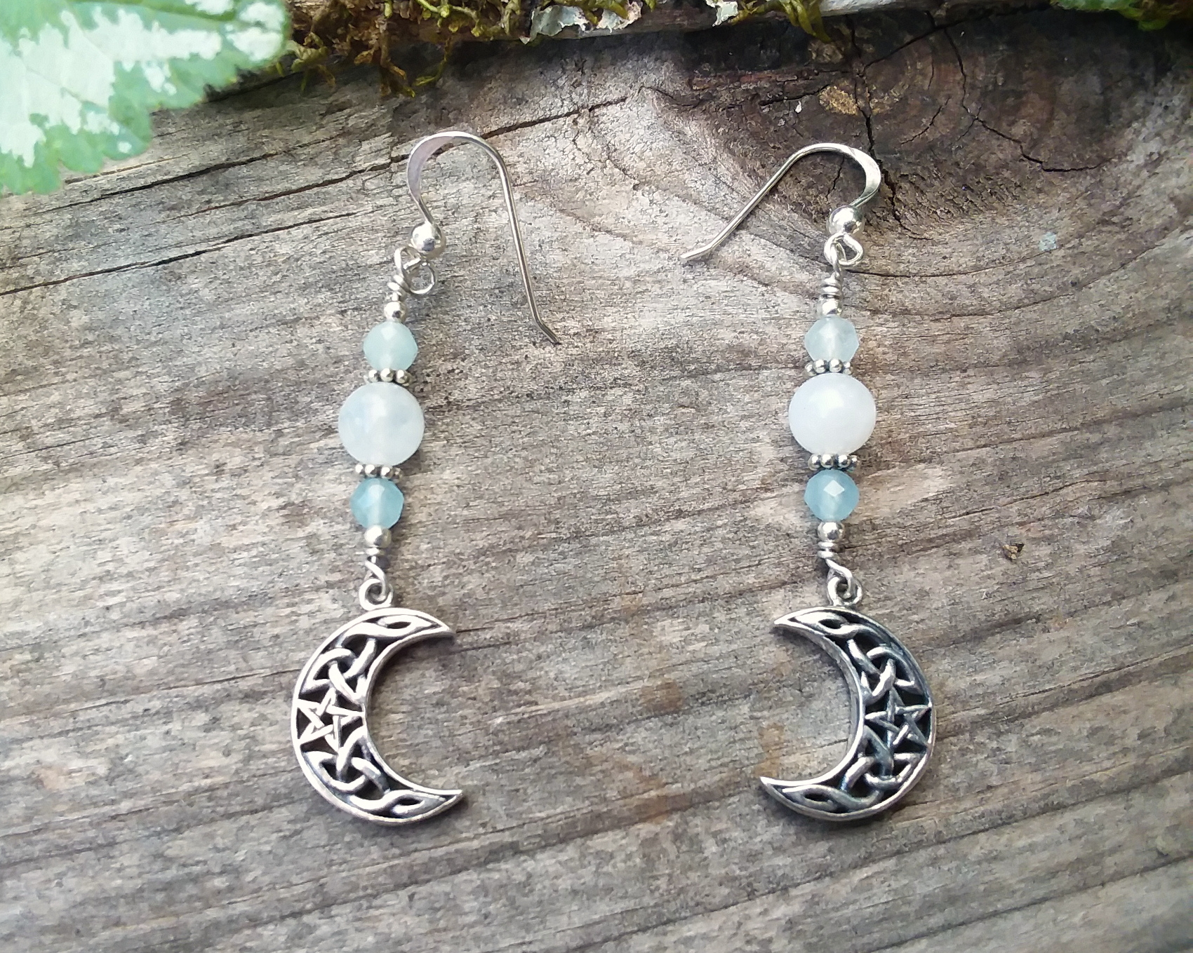 Aquamarine & Rainbow Moonstone Pentagram Moon earrings