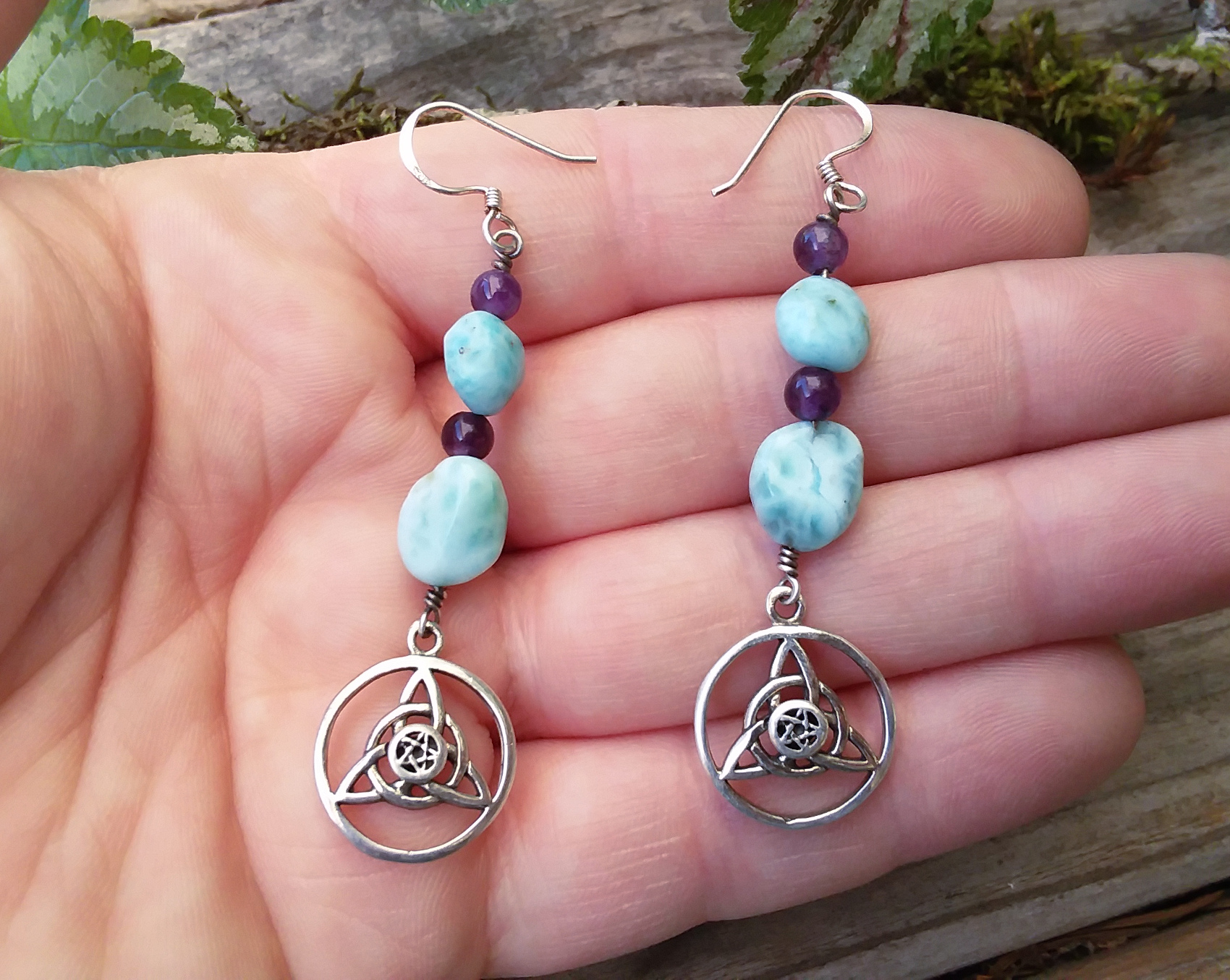 Amethyst & Larimare Triquetra and Pentacle earrings