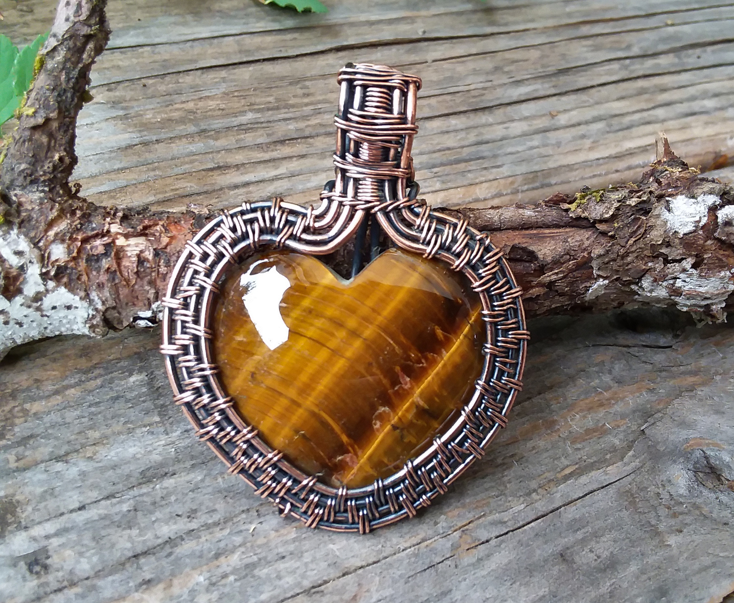 Tigers Eye wire wrapped heart pendant