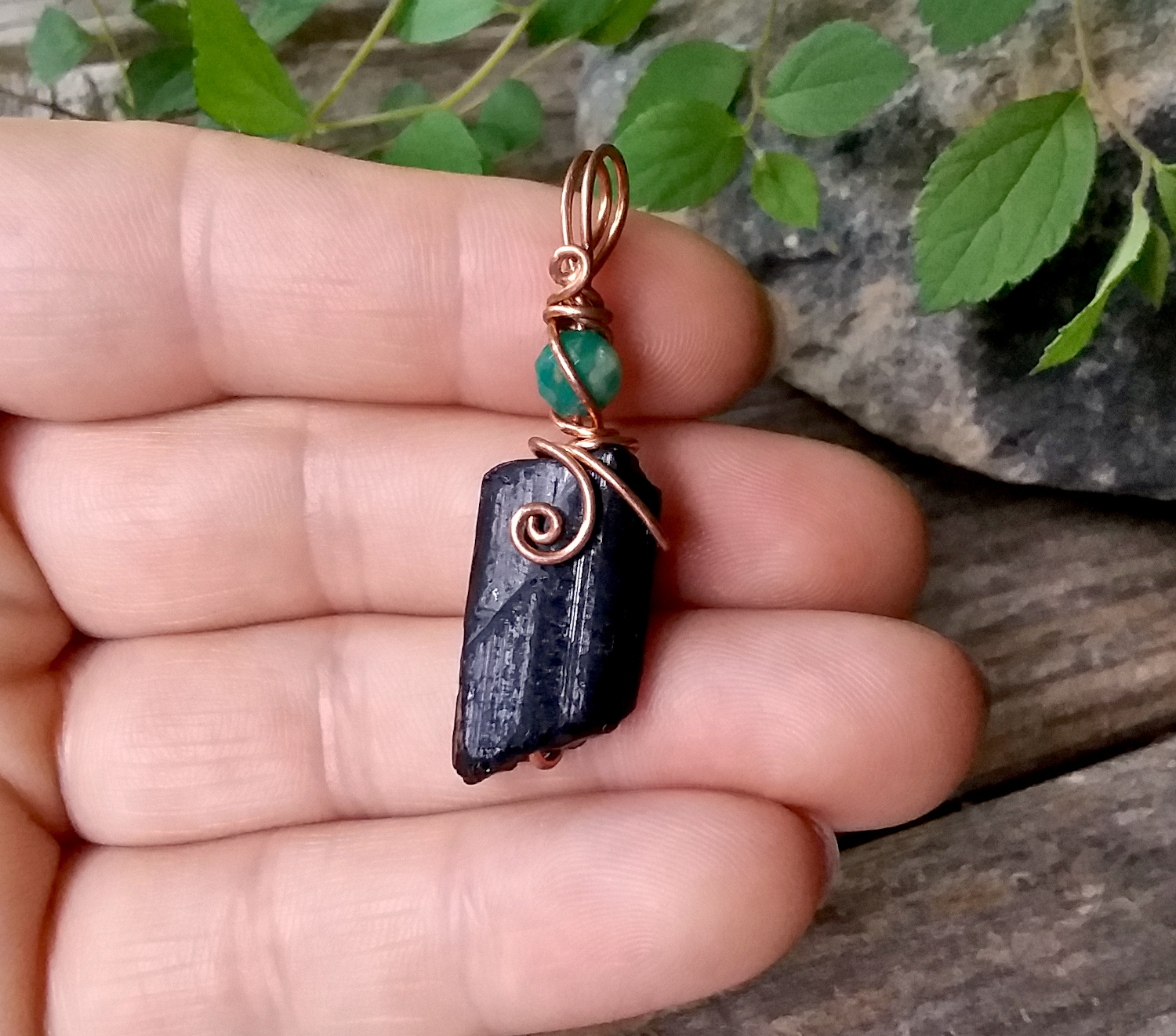 Black Tourmaline raw crystal pendant with Amazonite
