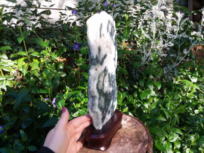 Huge Agate Crystal Geode Slice specimen on wood display stand. - Image 2