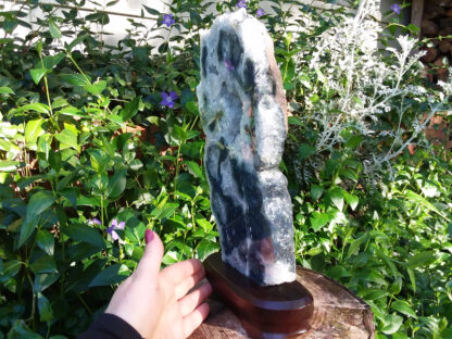 Huge Agate Crystal Geode Slice specimen on wood display stand. - Image 3