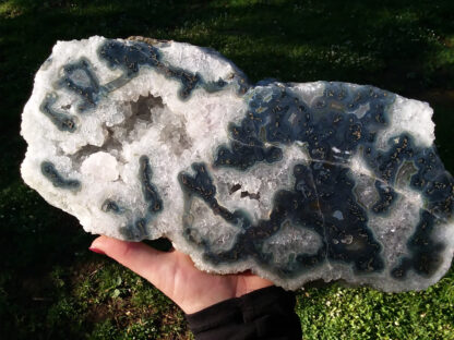 Huge Agate Crystal Geode Slice specimen on wood display stand. - Image 6