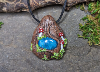 Blue Apatite mushroom, moss fairy garden polymer clay pendant #202