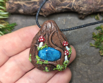 Blue Apatite mushroom, moss fairy garden polymer clay pendant #202 - Image 4