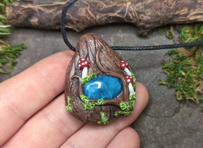 Blue Apatite mushroom, moss fairy garden polymer clay pendant #202 - Image 3