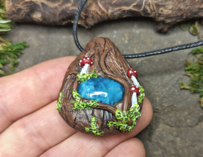 Blue Apatite mushroom, moss fairy garden polymer clay pendant #202 - Image 2