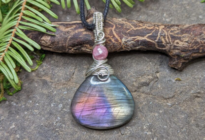 Purple, Pink & Orange Labradorite with Pink Tourmaline crystal pendant wrapped in Sterling Silver wire #318