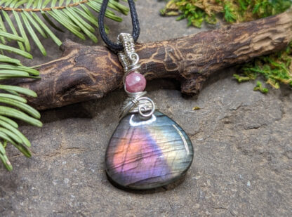 Purple, Pink & Orange Labradorite with Pink Tourmaline crystal pendant wrapped in Sterling Silver wire #318 - Image 2