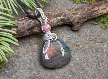 Purple, Pink & Orange Labradorite with Pink Tourmaline crystal pendant wrapped in Sterling Silver wire #318 - Image 3