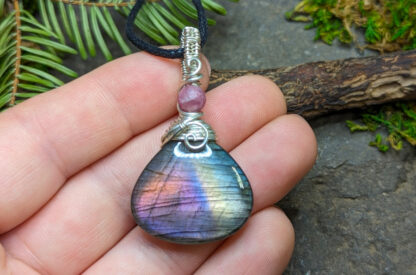 Purple, Pink & Orange Labradorite with Pink Tourmaline crystal pendant wrapped in Sterling Silver wire #318 - Image 6