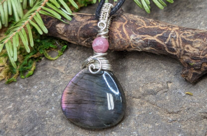 Purple, Pink & Orange Labradorite with Pink Tourmaline crystal pendant wrapped in Sterling Silver wire #318 - Image 5