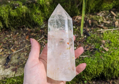 Big Clear Quartz crystal point tower with red inclusions 6" tall #873